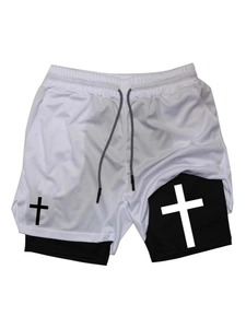 Men's 2-In-1 Sports Shorts Quick Dry Breathable Mesh Double Layer Gym Running Shorts With Cross Pattern Workout Bottoms