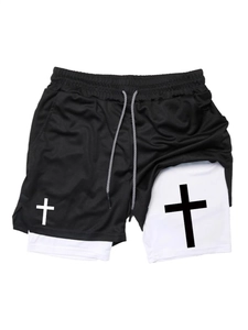 Men's double-layer sports shorts with cross prints, white inner layer and mesh outer fabric