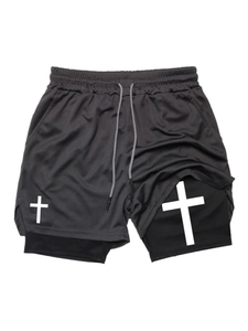 Men's double-layer sports shorts with breathable grey mesh and white cross design