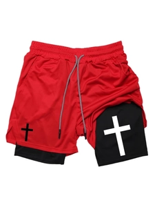 Men's red two-in-one sports shorts with mesh outer layer and cross print detail
