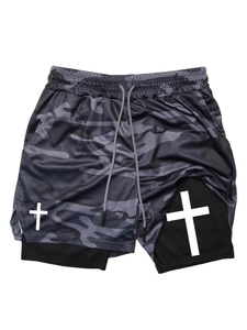 Men's 2-in-1 grey camo running shorts with cross print and compression liner