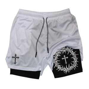 Men's 2-in-1 sports shorts with gothic cross prints and breathable white mesh fabric