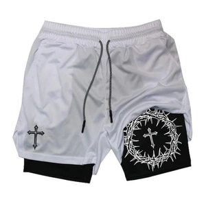 Men's 2-in-1 sports shorts in white mesh featuring gothic cross print and inner compression