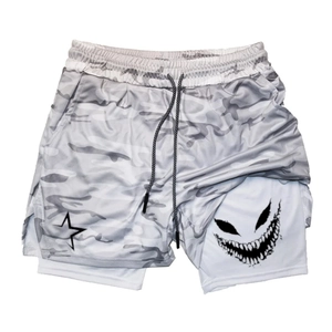 Detail of men's double-layer shorts with grey camo, star print and white liner