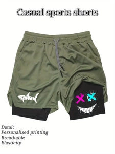 Detail der 2-in-1 Laufshorts mit Mesh-Außenschicht und Hai-Druck am Saum der Hose