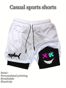 Detail der 2-in-1 Shorts mit Hai-Print auf Mesh und Graffiti-Muster auf der Innenschicht