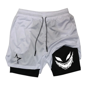Close-up of dual-layer gym shorts with mesh fabric and towel loop feature