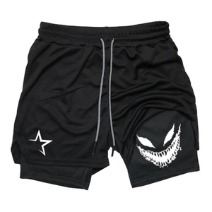 Close-up of men's double-layer mesh shorts with star logo and shark teeth print