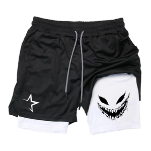 Detail of double-layer quick-dry sports shorts with star print and elastic drawstring waist