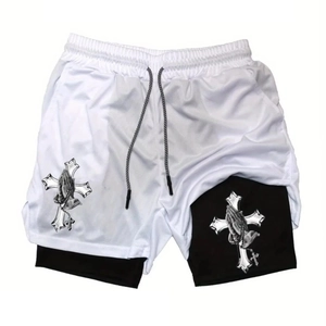 Men's double-layer quick-dry sports shorts with white mesh and religious print