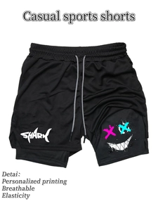 Detail von Hai-Print und Smiley-Gesicht auf schwarzer Doppelschicht-Herren-Trainingshose