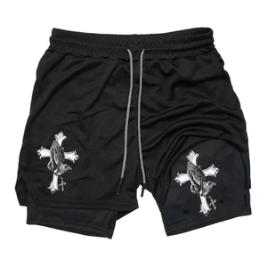 Men's double-layer quick-dry sports shorts with cross and prayer hand prints in black