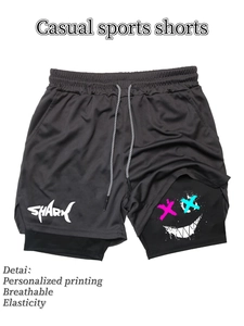 Detail der 2-in-1 Laufshorts mit Shark-Print und Totenkopfmuster auf dem Innenfutter