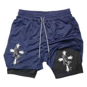 Men's double-layer athletic shorts in navy blue with religious prayer hand print