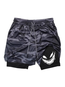 Men Double Layer Sports Shorts Camouflage Print Mesh Quick Dry Fitness Running Gym Workout Monster Smile Graphic Bottoms
