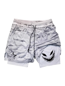 Men's double-layer camouflage mesh shorts with drawstring waist and graphic prints
