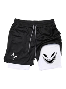 Men's double layer gym shorts with star logo and monster print in black and white