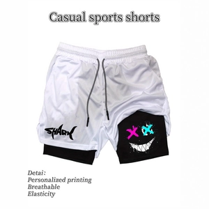 Herren Doppel-Lagen Laufshorts mit weißem Mesh, Haifisch-Print und verstellbarem Kordelzug