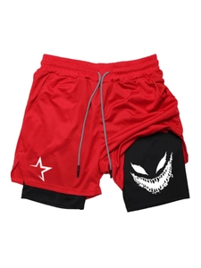 Men's double-layer red fitness shorts with white star print and black inner compression layer