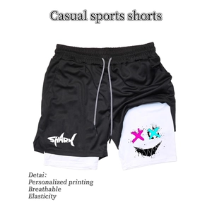 Herren-Doppellagen-Laufshorts mit Haifisch-Print und verstellbarem Kordelzugbund
