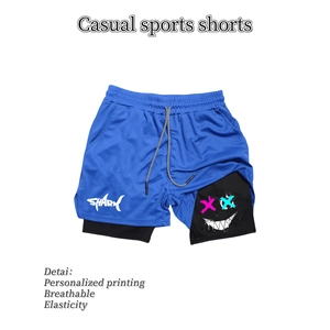 Herren 2-in-1 Laufshorts in Blau mit Hai-Print, Kordelzug und atmungsaktivem Mesh-Gewebe