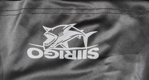 Detail of breathable mesh fabric on men's running shorts with shark logo print