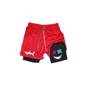 Rote 2-in-1 Herren Laufshorts mit Hai-Print, Kompressionsschicht und verstellbarem Kordelzug
