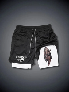 Detail of 2-in-1 running shorts with elastic waistband and inner graphic print
