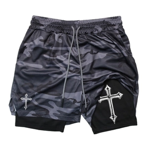 Men's 2-in-1 grey camo running shorts with gothic cross print and quick-dry lining