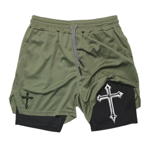 Olive green 2-in-1 men's quick-dry sports shorts with gothic cross prints and mesh layer