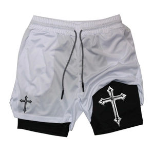 2-in-1 men's quick-dry running shorts with black compression layer and gothic cross print