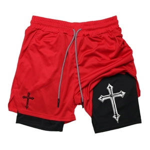 Men's 2-in-1 red performance running shorts with gothic cross print and inner compression layer