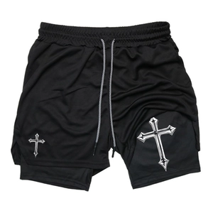 Detail view of black 2-in-1 men's running shorts featuring gothic cross prints and mesh fabric