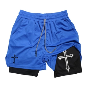 Close-up of dual-layer blue running shorts featuring gothic cross print and drawcord