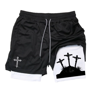 Detail view of 2-in-1 shorts with cross print on breathable mesh and inner liner