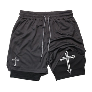 Detail of 2-in-1 men's running shorts showing breathable mesh fabric and gothic cross print