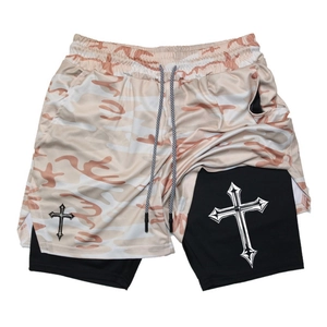 Detail of 2-in-1 camo sports shorts showing mesh fabric and gothic cross print