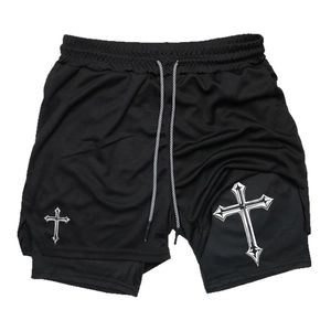 Black 2-in-1 sports shorts for men featuring white gothic cross print and mesh fabric