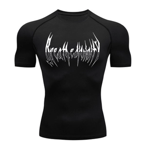 Men's black compression short sleeve t-shirt with white gothic print for bodybuilding