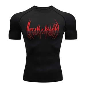 Detail of red Breathe Divinity gothic print on black compression gym t-shirt for men