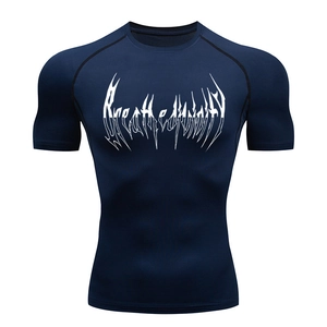 Navy blue compression short sleeve shirt for men featuring a white graphic print