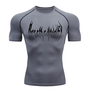Men's grey compression shirt with athletic fit and gothic letter print for gym training