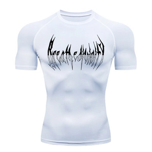 Detail of white compression t-shirt showing breathable fabric and gothic print design