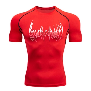 Detail view of red compression shirt with Breathe Divinity print and black contrast stitching