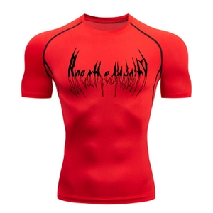 Red compression t-shirt for men with gothic print and moisture-wicking fabric