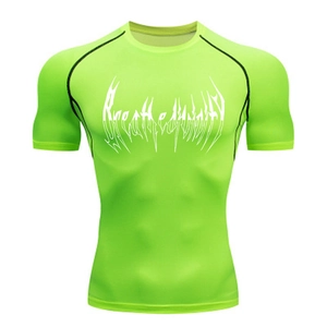 Detail of neon green compression gym shirt featuring artistic white chest print design