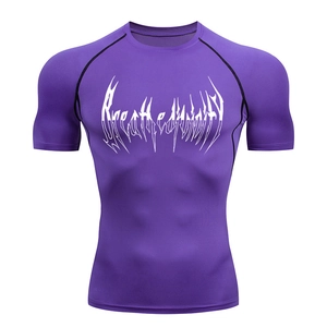 Close-up of purple compression shirt with high-stretch fabric and contrast stitching