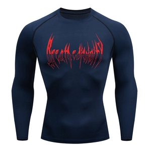 Detail of navy blue compression shirt featuring red Breathe Divinity print on the chest