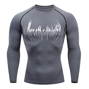 Front view of grey compression long sleeve shirt with Breathe Clarity chest print