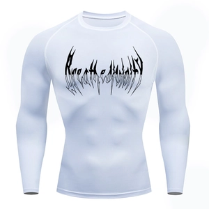 Close-up of white compression long sleeve shirt with black gothic text on the chest